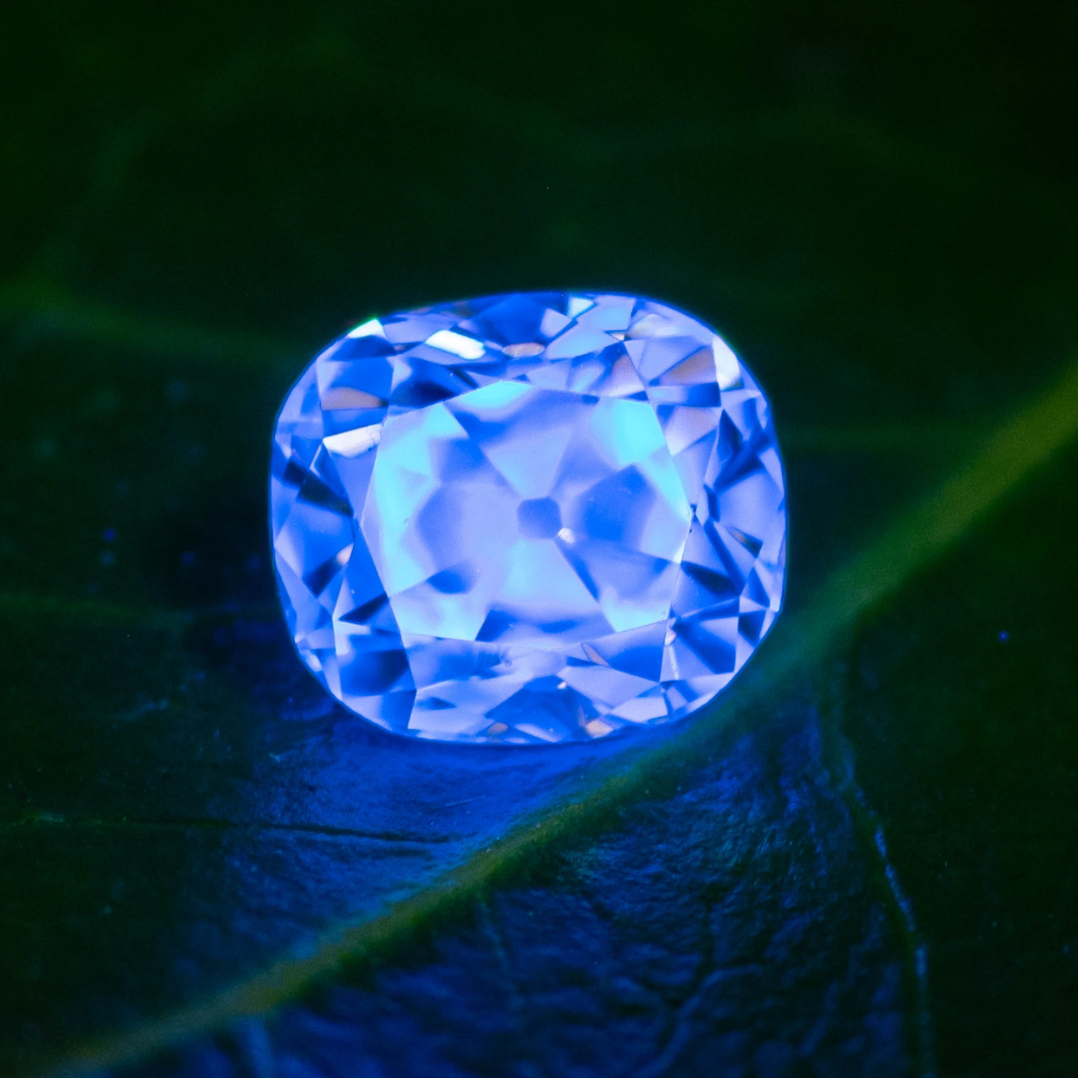 Fluorescent gemstone glowing under UV light — sapphire, opal, spinel — Caleb B. Quashen International.