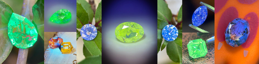 Fluorescent gemstone glowing under UV light — sapphire, opal, spinel — Caleb B. Quashen International.