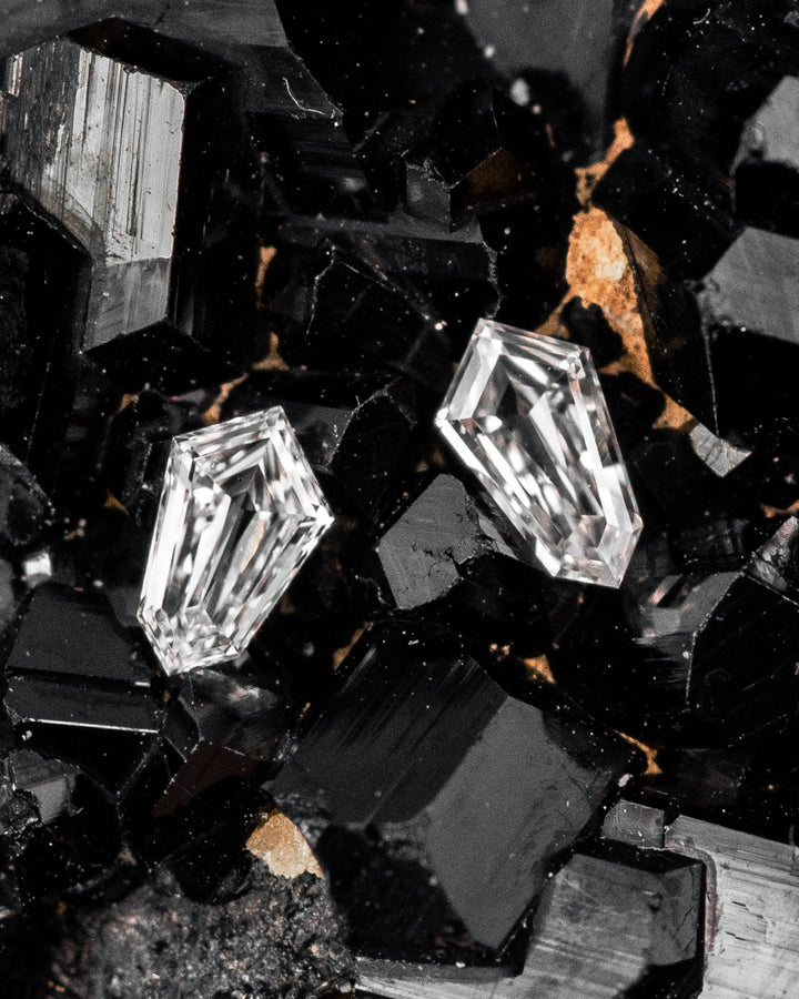 Pair of 0.10ct F-G color VVS clarity kite step cut diamonds from South Africa displayed on a black crystal matrix, showing precision faceting, sharp symmetry, and exceptional brilliance in a macro gemstone photography scene.