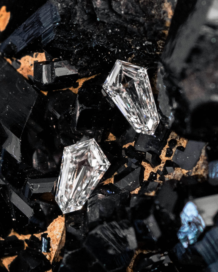 0.12-carat D-color VVS kite step cut diamonds resting on a black crystal matrix, showcasing clean faceting, sharp symmetry, and natural brilliance; precision matched diamond pair from South Africa, untreated.