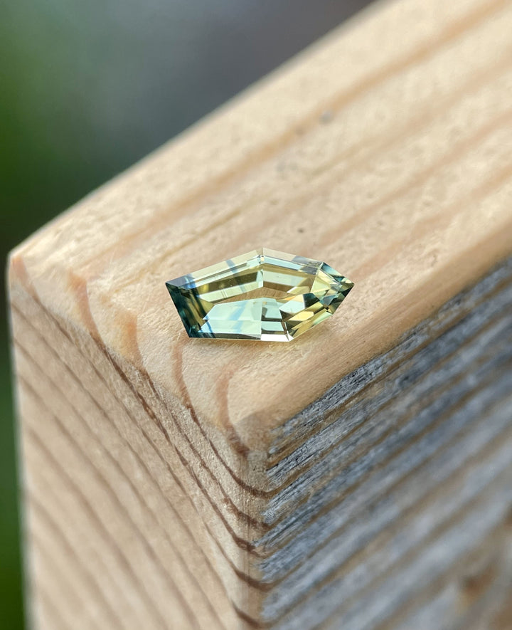 A stunning 0.80-carat sapphire with vibrant yellow and blue hues, featuring a unique freeform geometric cut. Ethically sourced from Gombe, Nigeria, and untreated for natural brilliance.