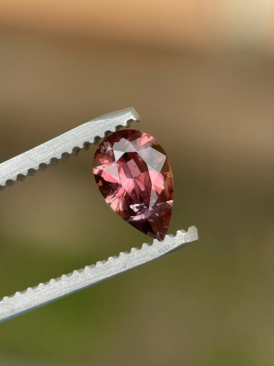 Close-up of a 0.88 carat untreated blush red sapphire held in tweezers, showing a modified pear cut with brilliant internal reflections.