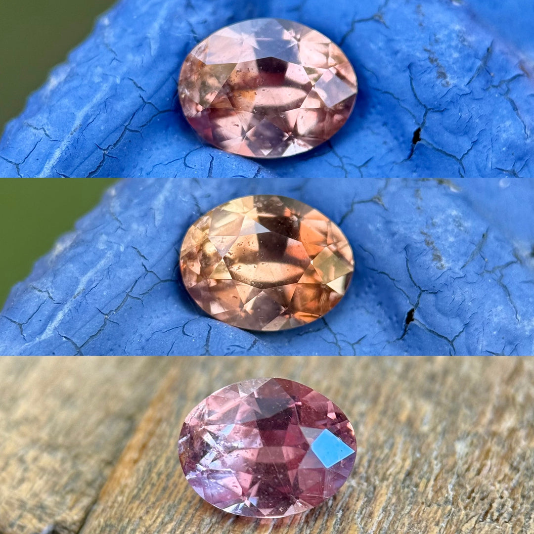 Three views of an untreated 0.95ct color change oval sapphire from Tanzania – displays peach, pink, and mauve tones in macro detail.