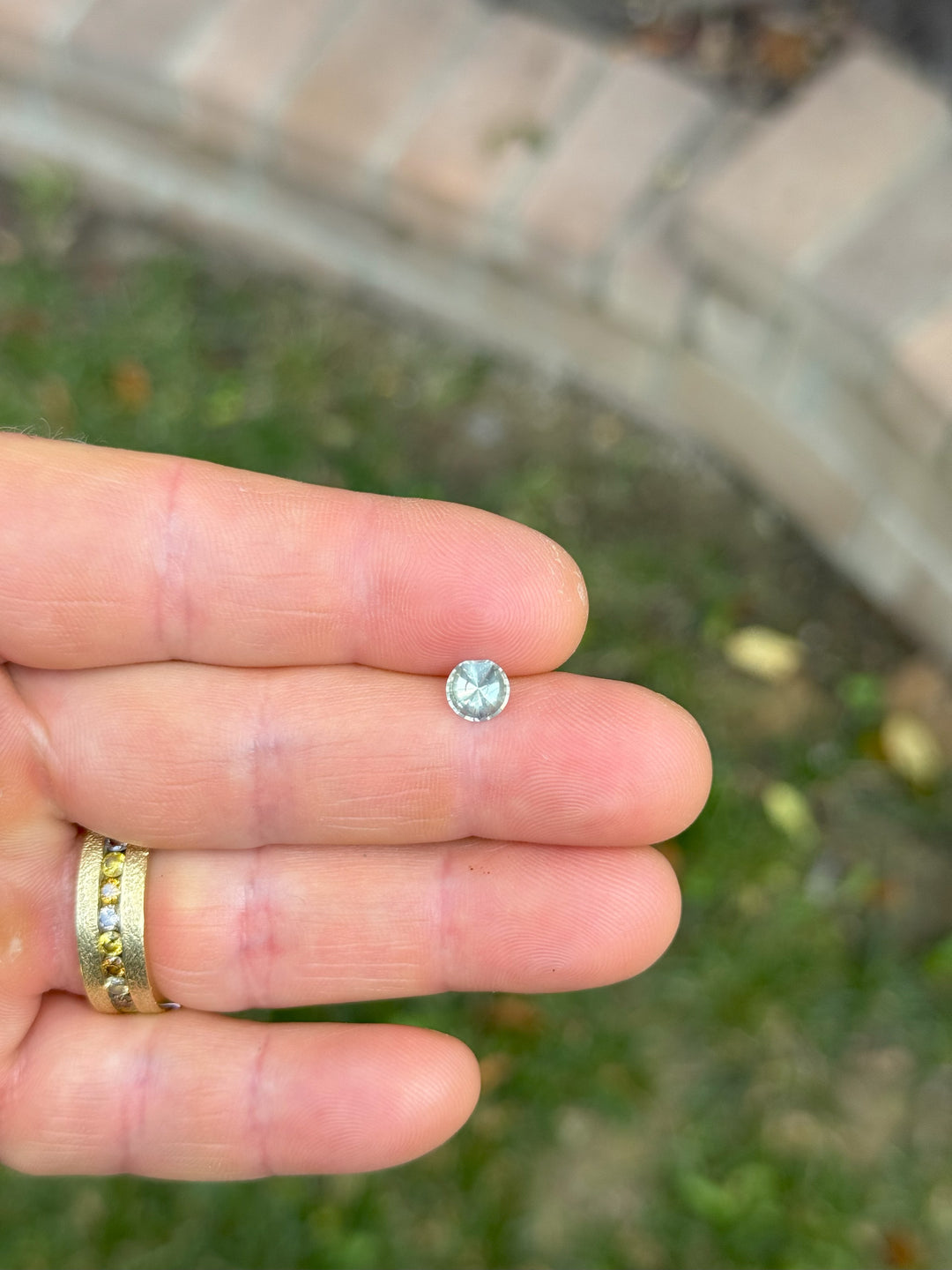 A 0.96-carat seafoam green sapphire with moon phase round cut, shown resting on fingertips against a soft-focus grassy background and stone walkway.
