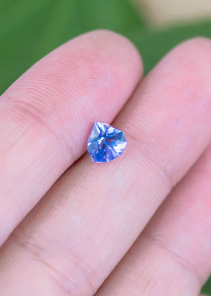 Loose periwinkle violet tanzanite from Merelani Hills shown on a fingertip highlighting the custom shield shape and natural brilliance.