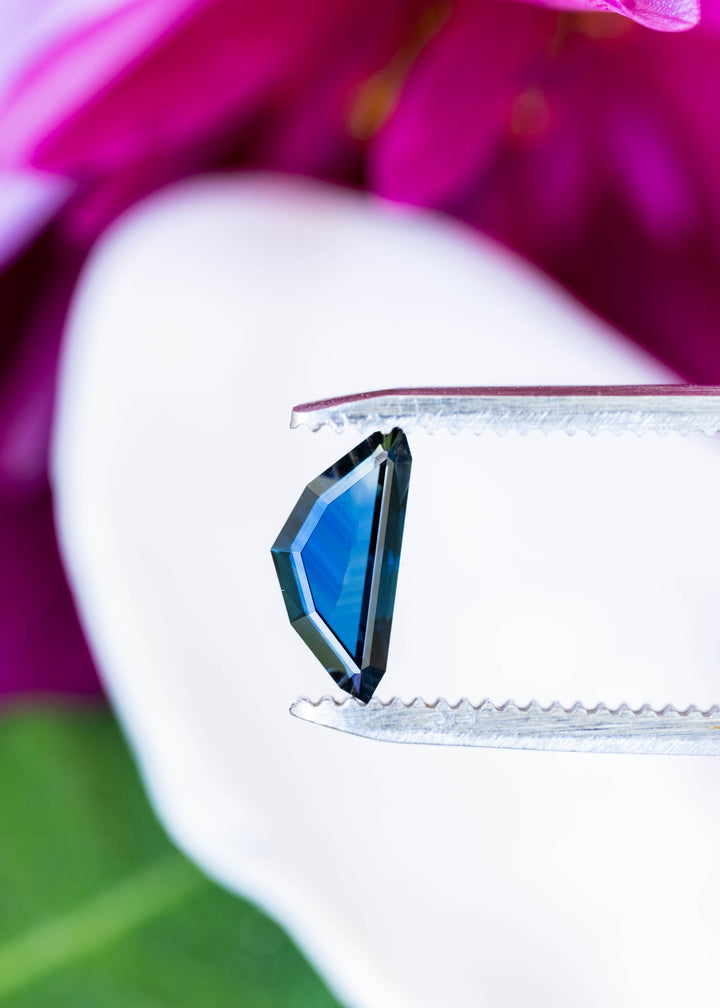Deep blue kite-shaped sapphire held vertically between silver tweezers in front of a white flower and magenta petals. Bright blue reflections cross its center, framed by dark, angular edges.