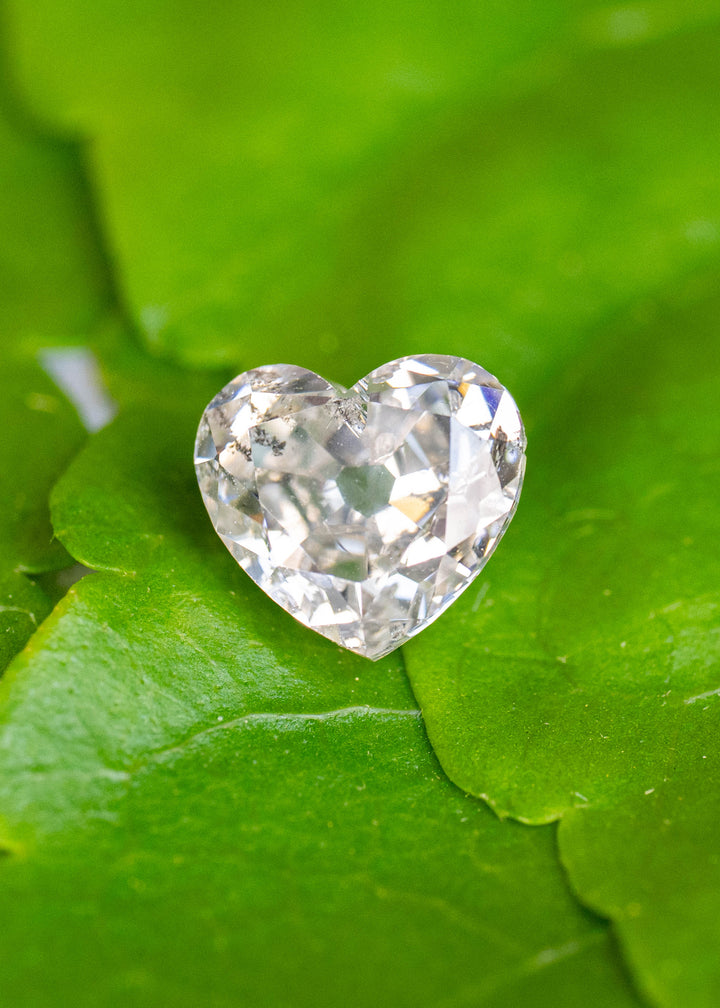 Natural 1.21 carat salt and pepper heart cut diamond resting on a vibrant green leaf, showcasing antique-style faceting, colorless body, and naturally occurring inclusions.