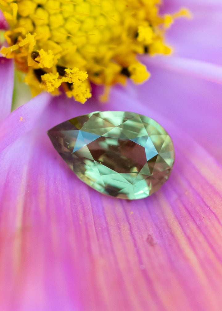1.016ct natural alexandrite pear cut showing green color in daylight on a pink flower with yellow center