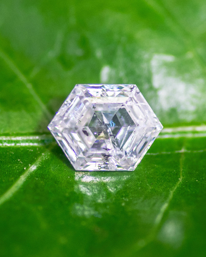 Close-up of a natural 1.01 carat G color I2 clarity diamond from Gahcho Kué, Canada, resting on a green leaf. The hexagonal step cut reveals intricate geometric symmetry and natural inclusions that highlight its raw character and brilliance.