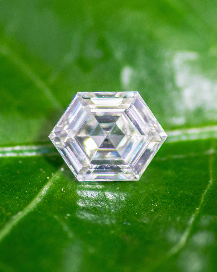 Close-up of a 1.01 carat O–P color VVS2 clarity diamond from Gahcho Kué, Canada, resting on a green leaf. The hexagonal step cut displays perfect symmetry and natural untreated brilliance.