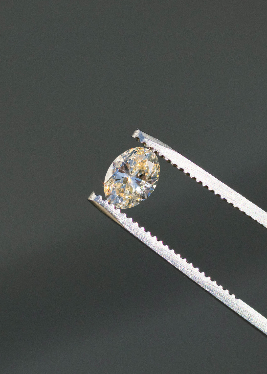 1.01ct champagne c3 oval brilliant cut diamond held in gem tweezers under direct sunlight showing off color and sparkle.