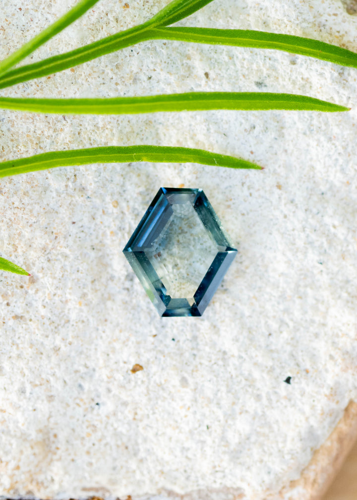 Hexagonal portrait cut teal blue 1.02ct sapphire resting on white sand with green foliage.