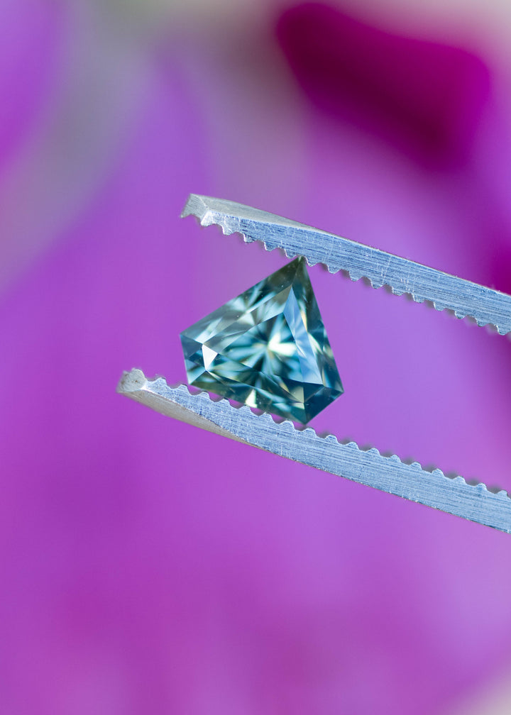 Parti blue green sapphire held in tweezers highlighting modified shield cut, brilliance, and natural blue-green color from Madagascar.