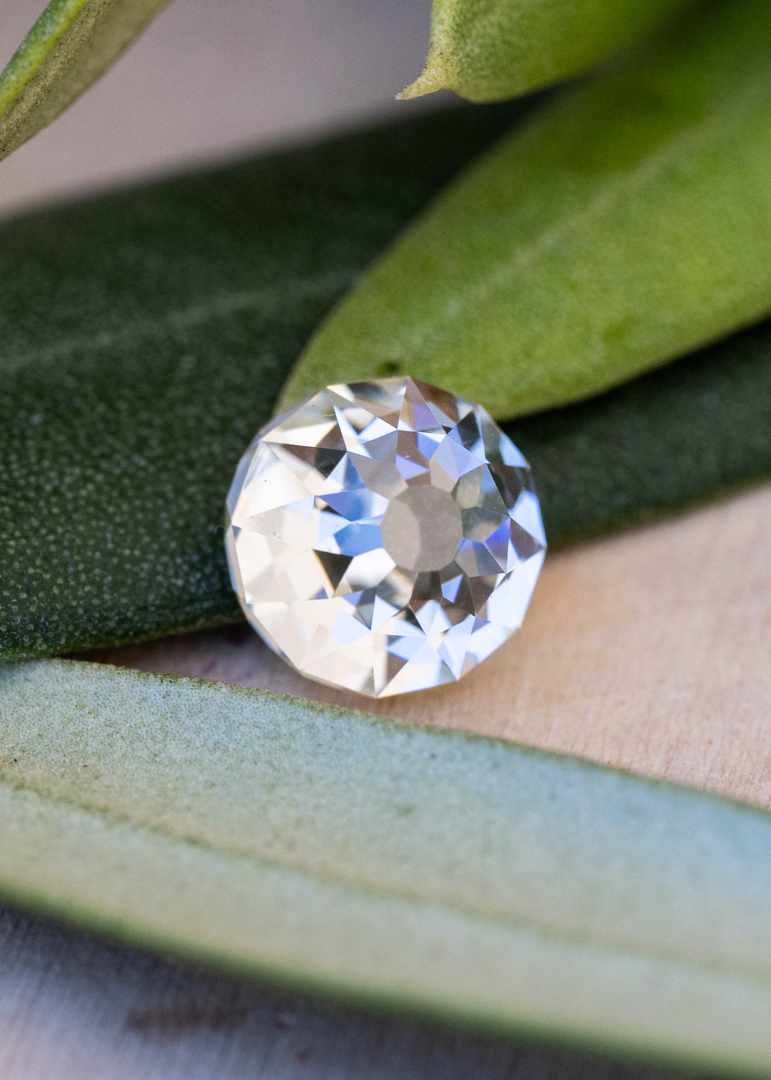 1.09 carat round Mughal cut South African diamond photographed among green leaves, showing its broad central table and intricate geometric facet pattern.