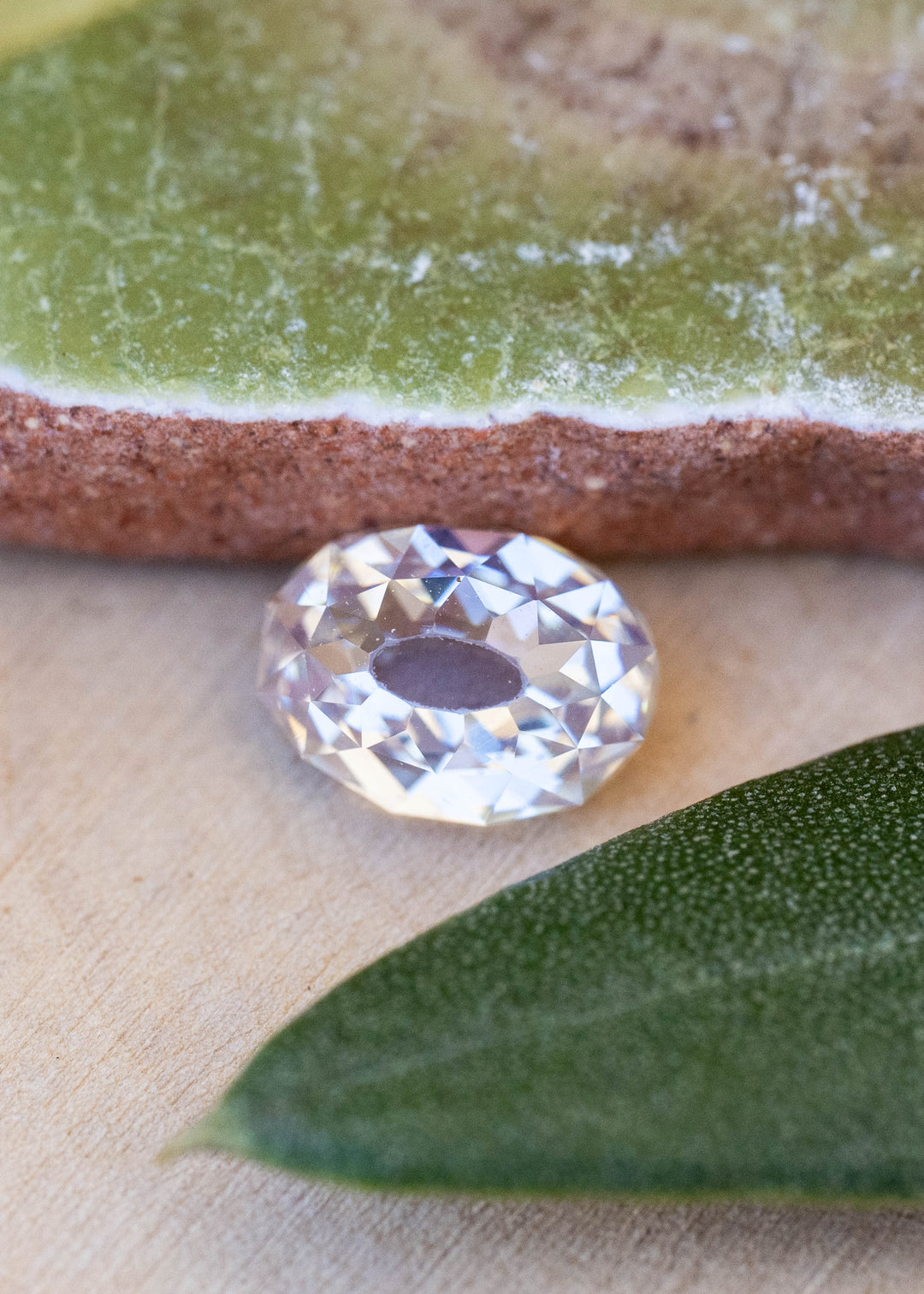 1.11 carat oval Mughal cut South African diamond photographed among green leaves, showing its elongated central table and intricate surrounding facets.