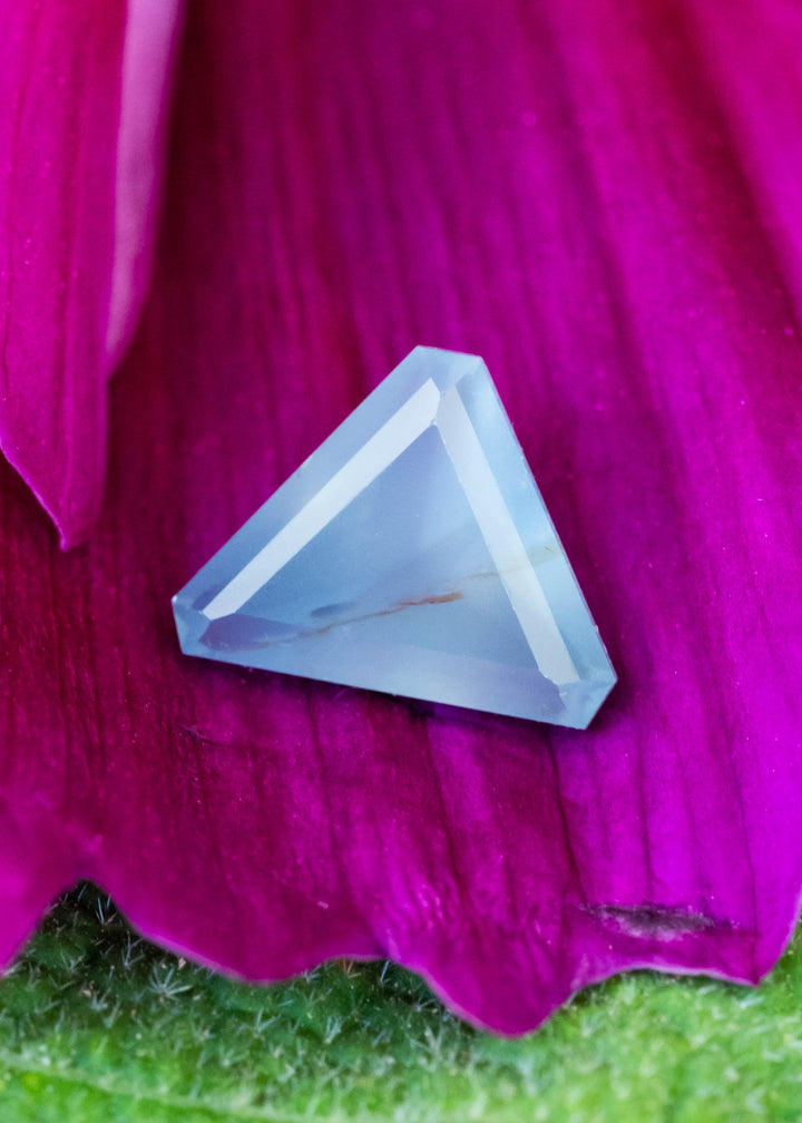 Pale, opalescent blue triangular sapphire resting on a vivid magenta flower petal. A fine brownish inclusion crosses its softly clouded center, framed by broad, angular facets.