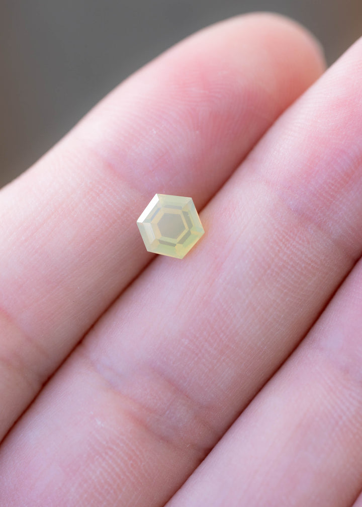 1.23CT Sapphire: Opalescent Yellow Green Precision Hexagonal Tablet Cut