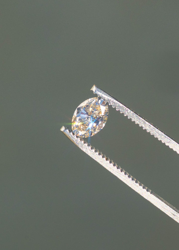 1.23ct champagne oval brilliant cut diamond from Canada held in gem tweezers sparkling under direct sunlight.