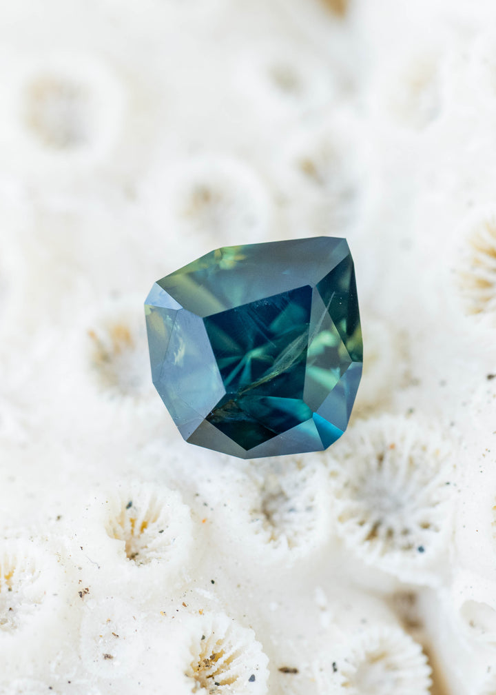 Deep green-blue sapphire resting on textured white coral. Its angular pear-shaped outline surrounds a dark teal center with lighter blue-green reflections and visible natural internal features.