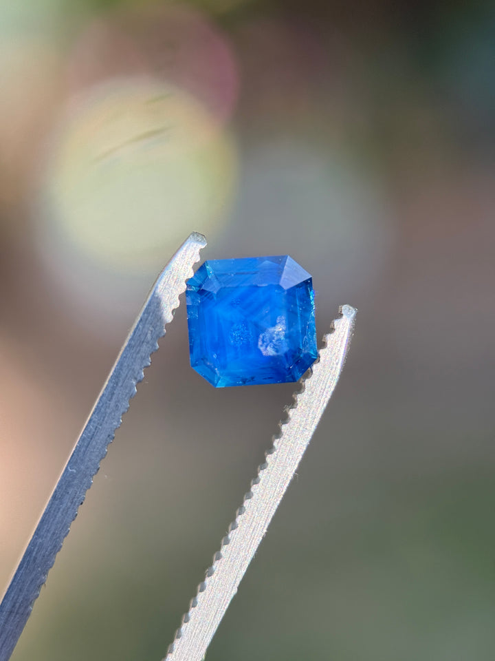 A loose square-cut vivid blue gemstone held between silver metal tweezers against a softly blurred green and gray background.