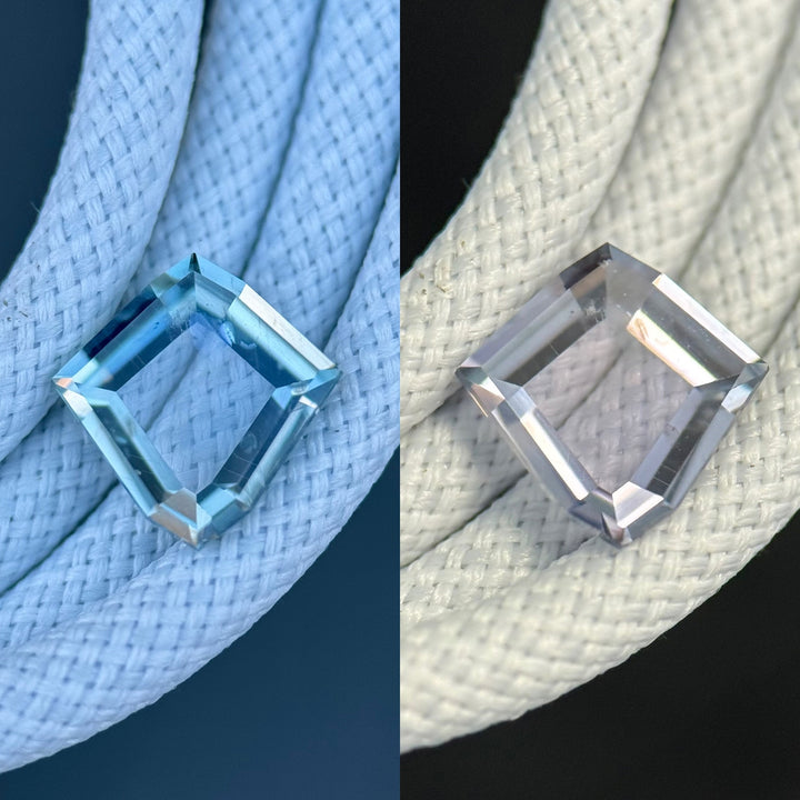1.52 carat color change sapphire from Montana in custom shield portrait cut, photographed in daylight and indoor lighting to highlight shifting hues.
