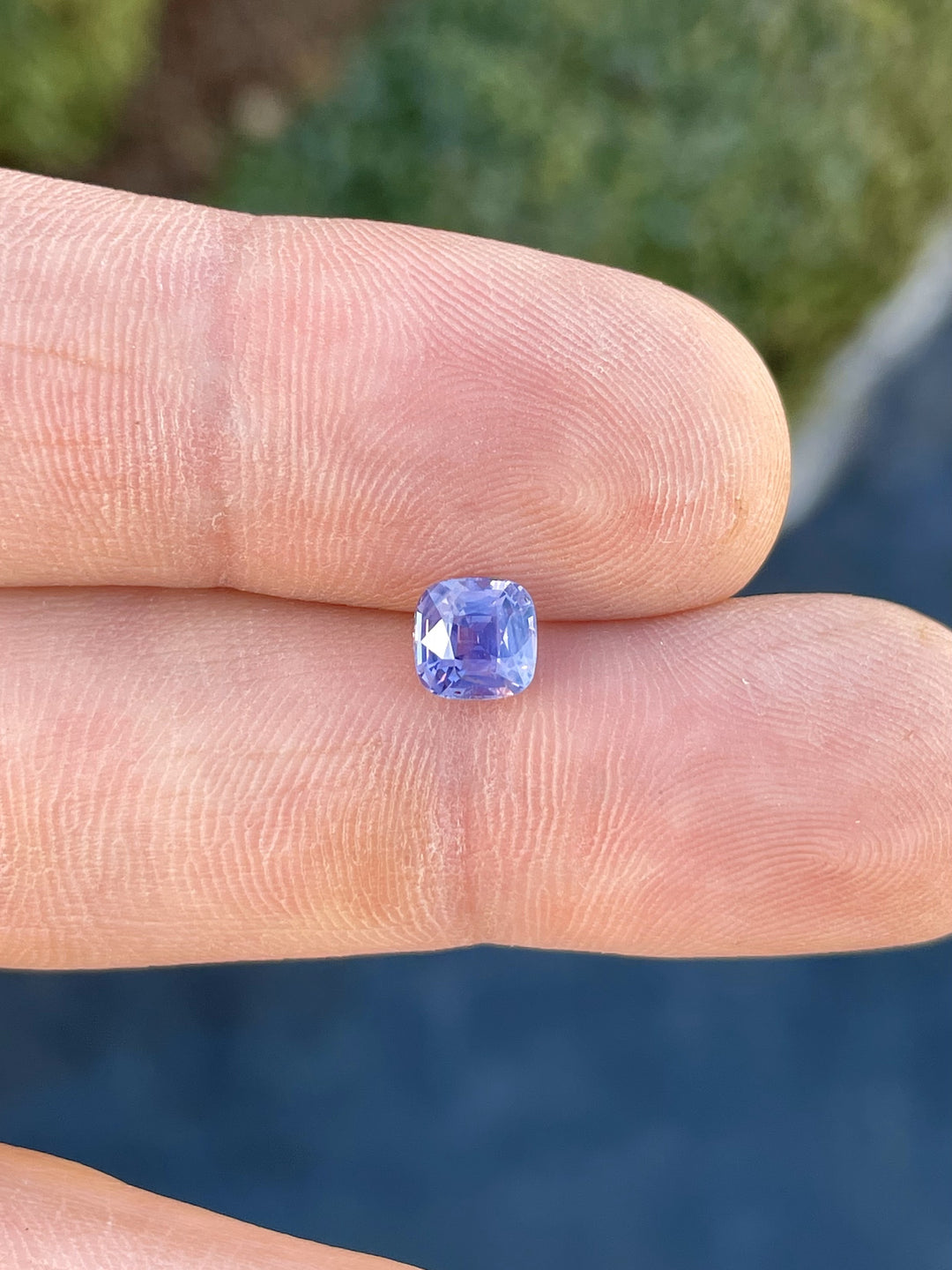 Close-up of a 1.53 carat cushion cut sapphire gemstone, featuring opalescent hues of pink and purple, sourced from Sri Lanka and untreated.