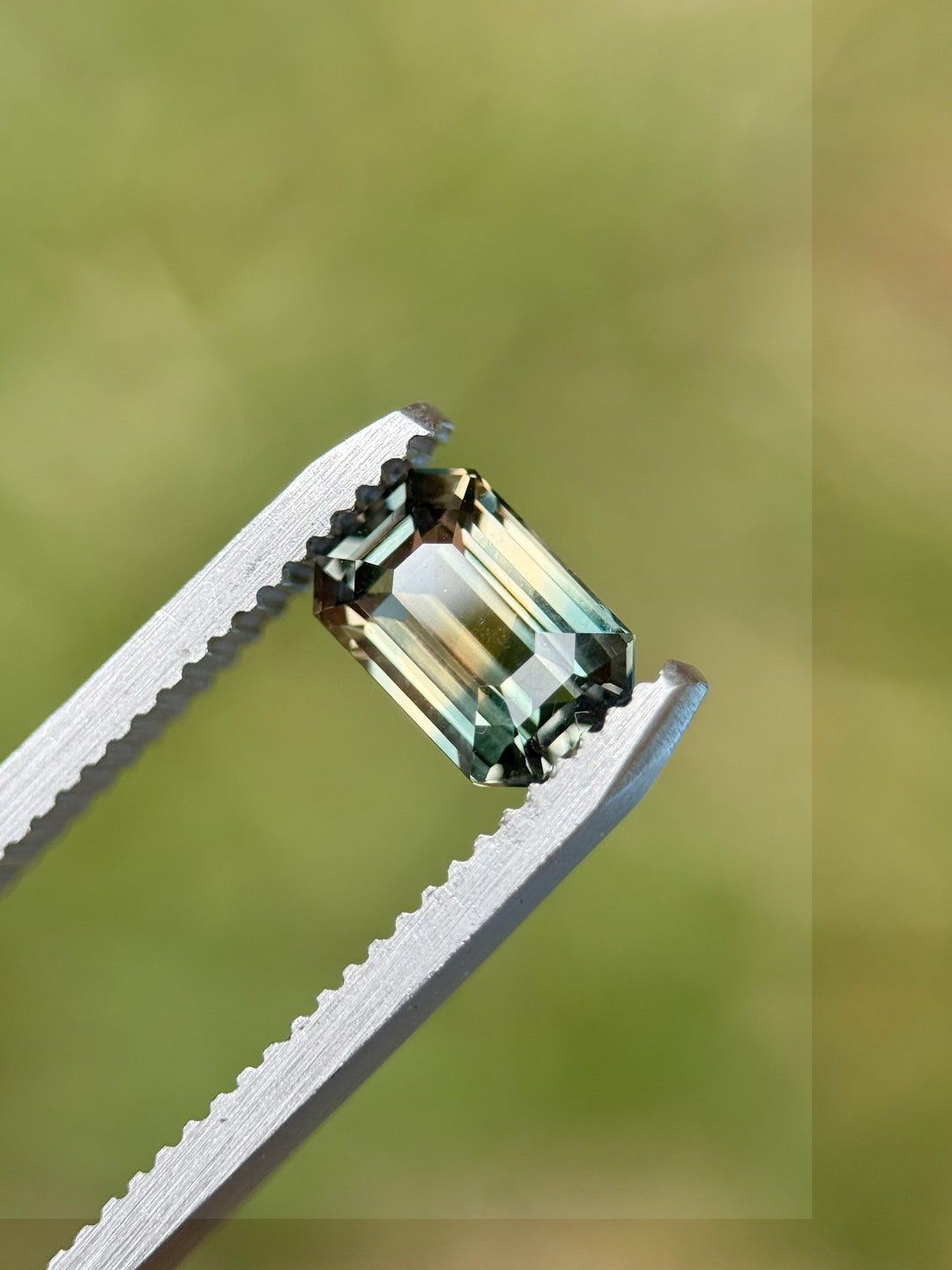 Green gemstone held by tweezers against a blurred green background