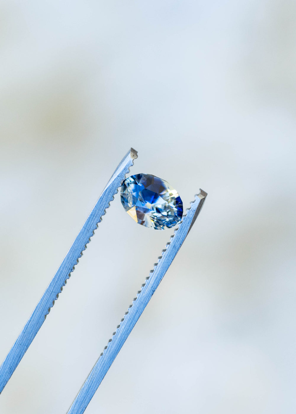 1.60ct blue and white bi color parti sapphire from Sri Lanka held in gem tweezer under natural light.
