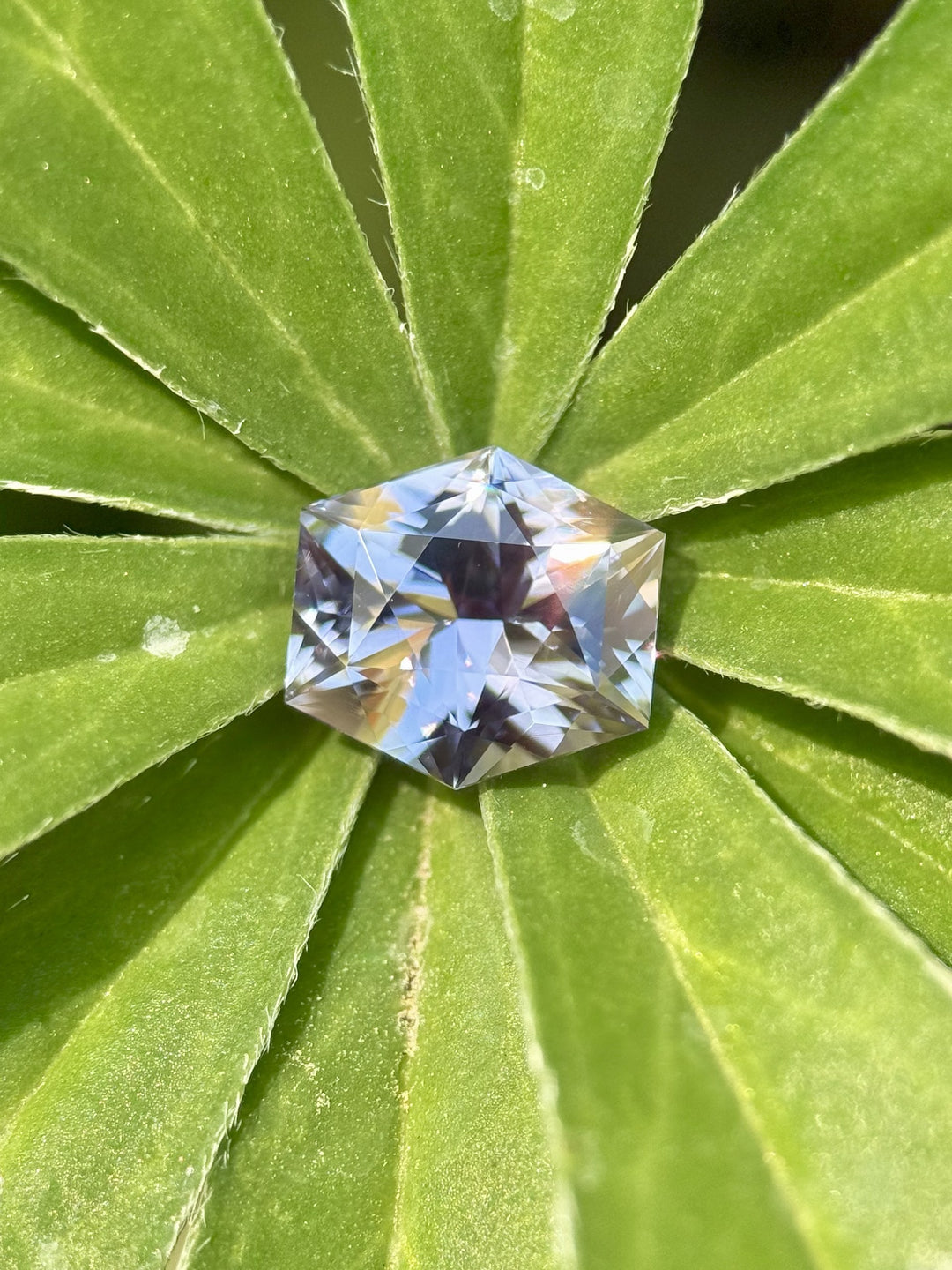 Natural color shift hexagonal sapphire from Madagascar, purple mauve to grey hues on a green leaf background