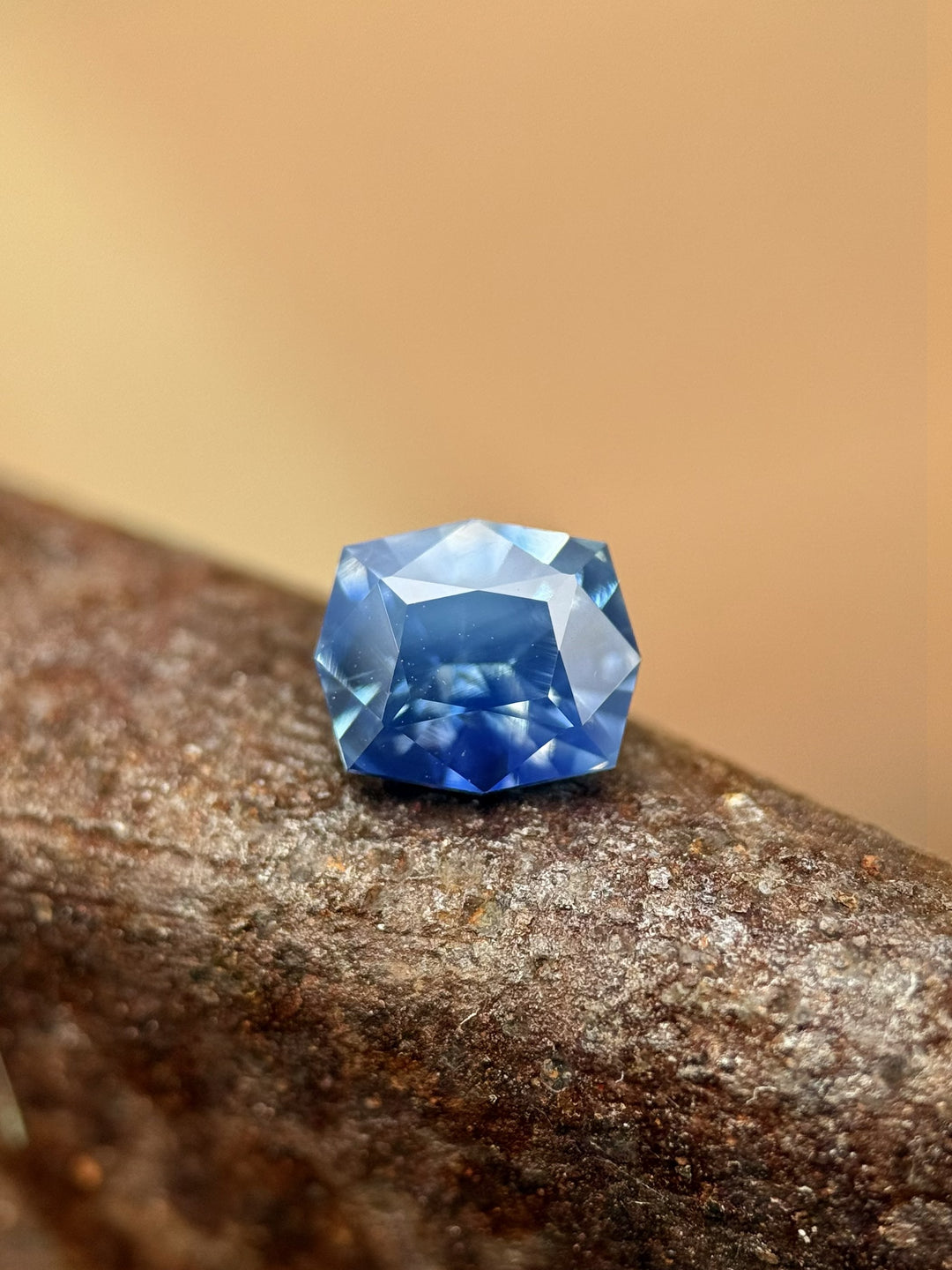 1.60-carat sky-denim and royal-blue opalescent parti sapphire from Diego, Madagascar displayed on textured bark, showing its precision custom geometric cushion cut and natural untreated color zoning.