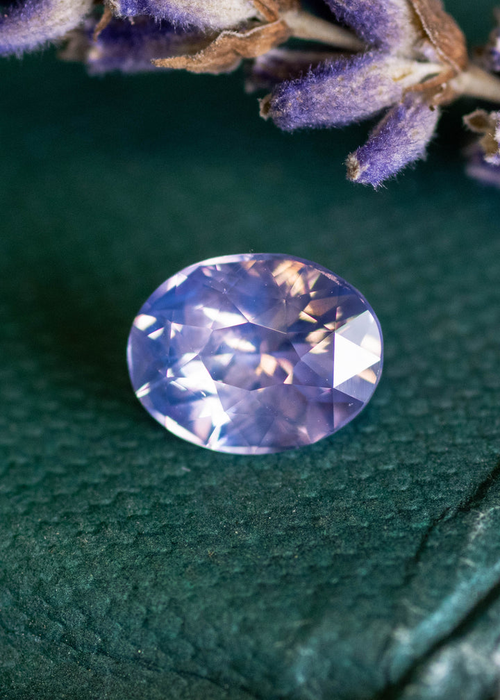 1.63ct opalescent pinkish purple oval sapphire shown face-up, displaying pastel lavender tones and crisp oval mix cut facets.