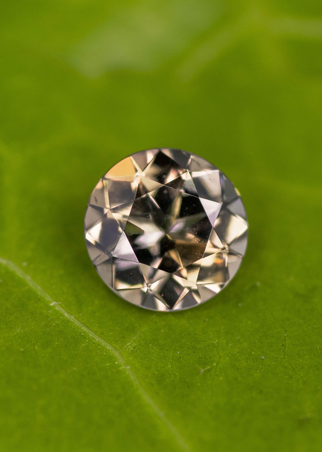 1.65 carat yellow orange green Tanzanite custom round brilliant cut placed on green leaf, Tanzania origin gemstone highlighting precision faceting, trichroic color and natural brilliance for bespoke jewelry