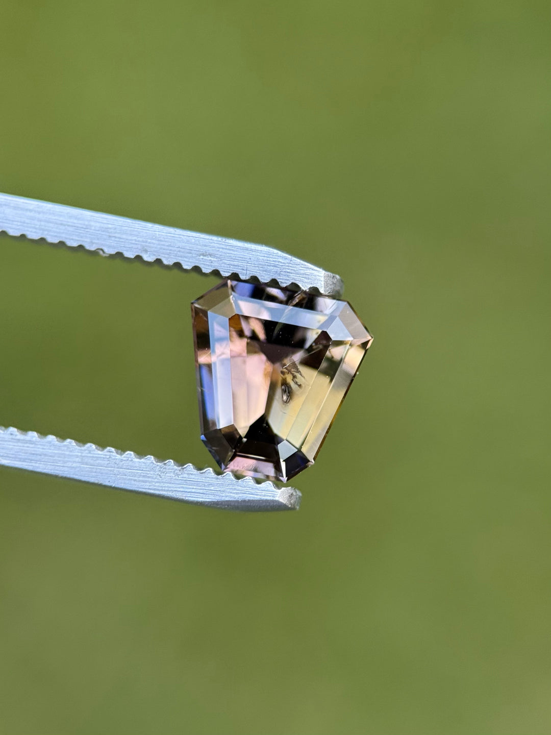 Custom shield cut Tanzanite gemstone with green, yellow, and purple hues displayed in tweezers.
