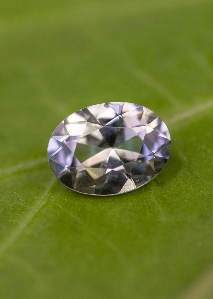 1.69 carat blue purple yellow Tanzanite mix brilliant oval placed on green leaf, Merelani Hills Tanzania origin gemstone highlighting precision faceting, color shift and natural brilliance for bespoke jewelry