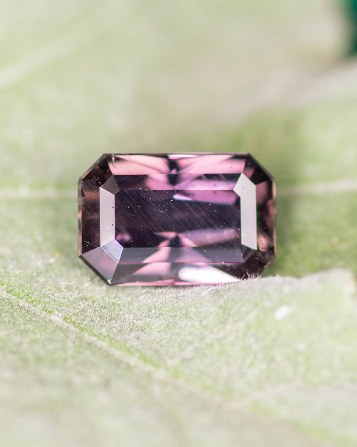 1.70 carat brown violet purple sapphire resting on a soft green leaf, showcasing its geometric facets and deep reflections in a modified emerald cut, untreated gemstone from Umba River Valley, Tanzania.