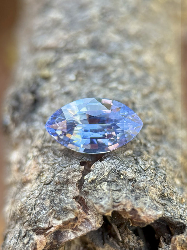 1.70 carat cornflower blue violet sapphire resting on textured bark surface, displaying precision marquise mixed cut brilliance and natural color shift, untreated gemstone from Sakaraha, Madagascar.