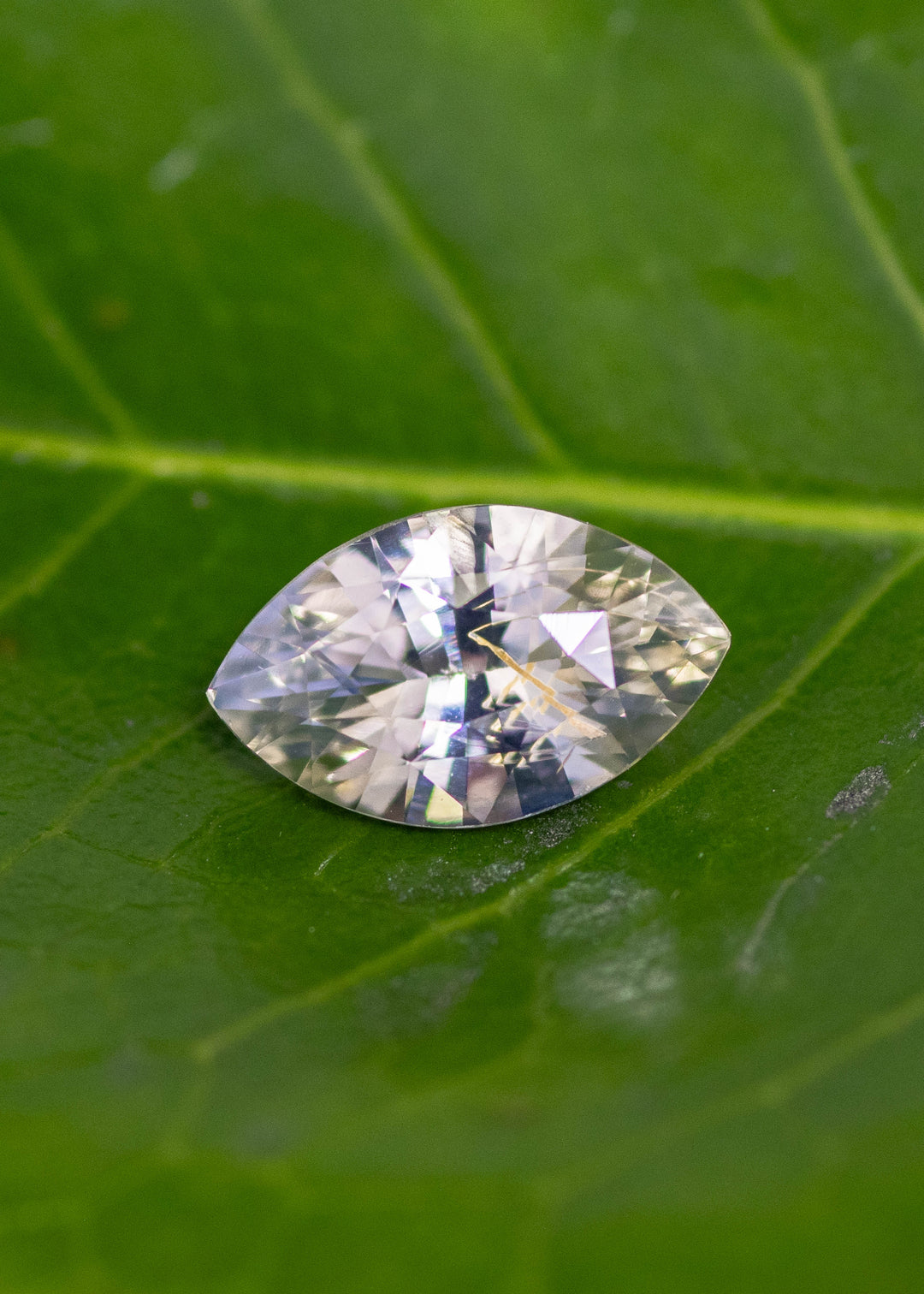 Loose parti yellow, blue, and green sapphire from Sakaraha Madagascar shown face‑up on a green leaf, displaying the precision marquise mixed cut and natural color zoning.