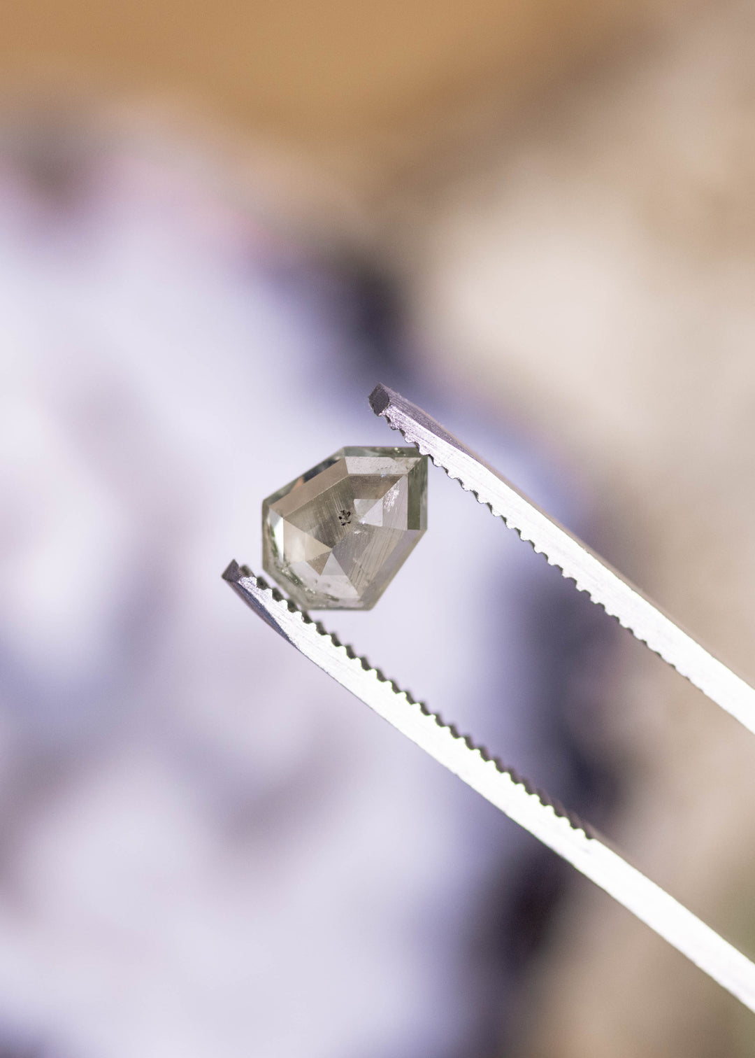 1.82CT Montana sapphire held in gem tweezers, custom shield rose cut in teal seafoam color, untreated gemstone from Montana USA shown under studio lighting.