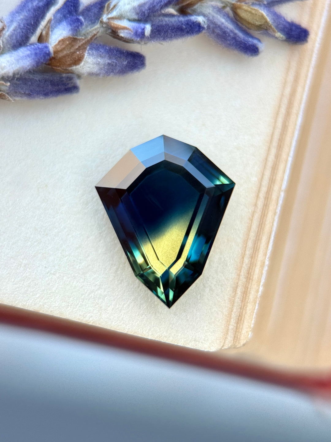 1.87 carat yellow teal blue parti sapphire shown face-up, displaying natural color zoning and a custom shield portrait cut from Australia.