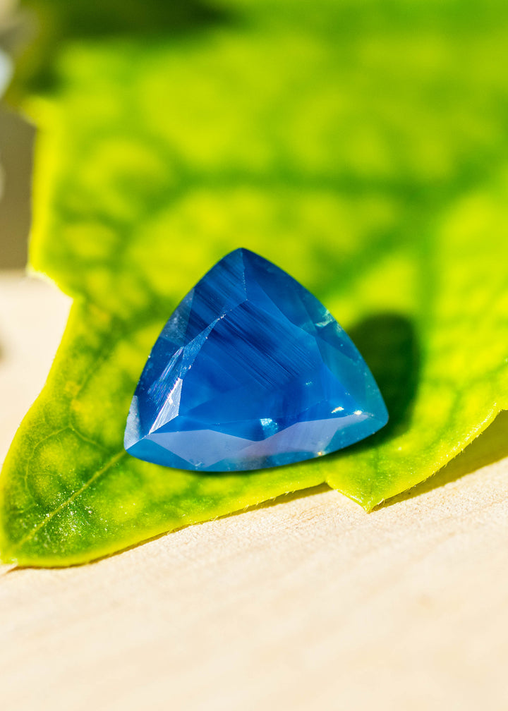 Natural 1.91 carat opalescent royal blue sapphire from Gombe, Nigeria, photographed on a bright green leaf. Its custom trillion cut reveals rich blue coloration, subtle internal texture and cyan-blue reflections.