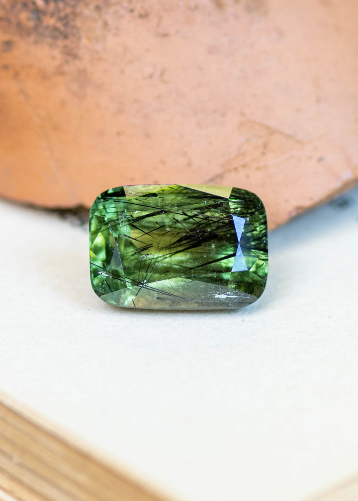 Natural untreated 10.89 carat forest green peridot from Pakistan displayed in natural light, featuring a modified radiant cut and striking natural needle inclusions.