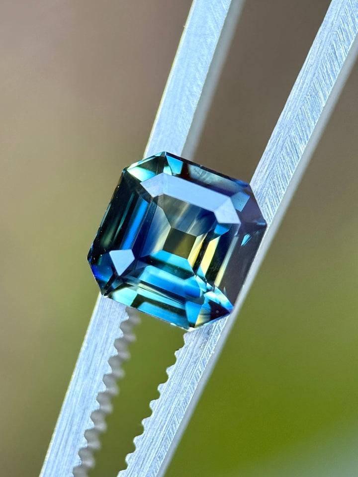 2.05CT Sapphire: Parti Yellow Teal Blue Green Precision Custom Antique Squared Emerald Cut