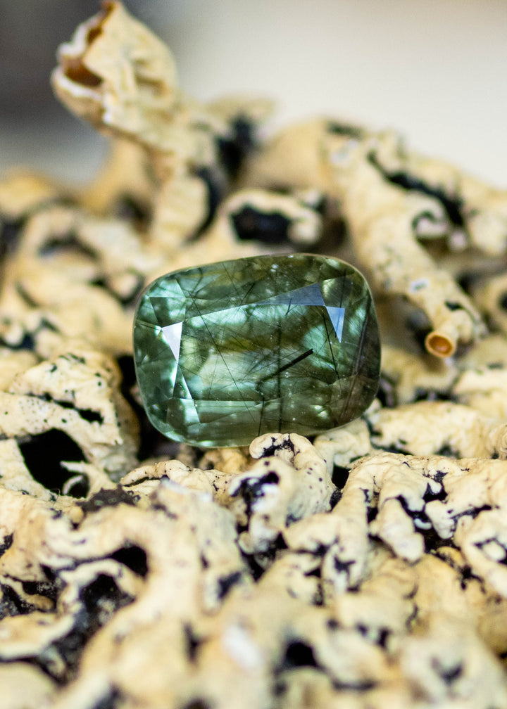 Natural untreated 2.72 carat ombre soft green peridot from Skardu, Pakistan displayed on coral, showcasing its cushion mix cut and delicate needle inclusions.