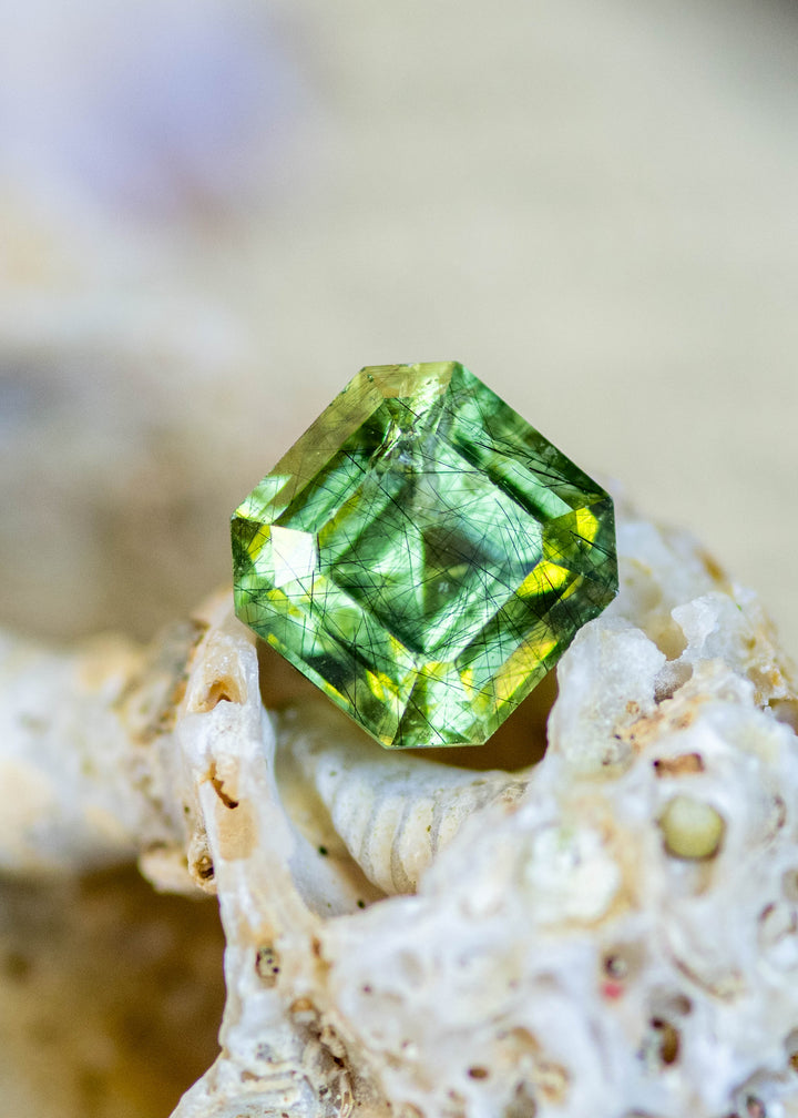 Natural untreated 2.81 carat vivid lime green peridot from Pakistan displayed on white coral, showcasing a precision custom Asscher cut and striking natural inclusions.