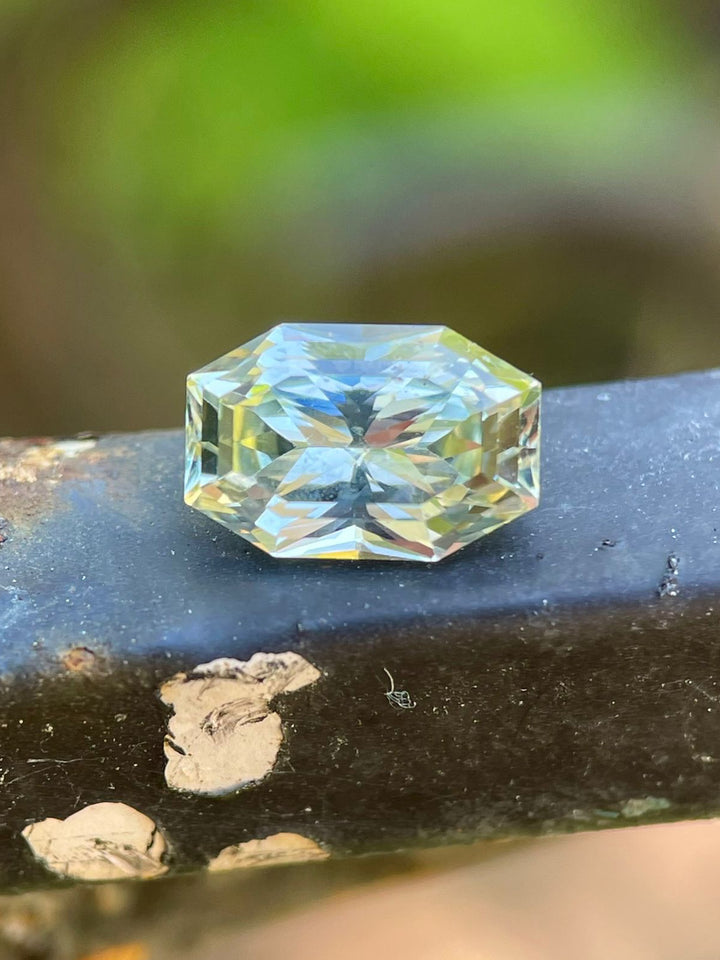 Color Shift Sapphire from Yellow Green to Powder Blue, Custom Mix Cut Geometric Octagon, 2.00 Carats, 8.75 x 5.79 x 4.20 mm, Ethically Sourced from Sri Lanka, No Treatment, Priced at $2000.00