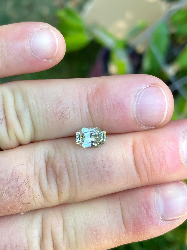 Sri Lankan Color Shift Sapphire, Yellow Green to Powder Blue, Custom Mix Cut Geometric Octagon, 2.00 Carats, 8.75 x 5.79 x 4.20 mm, Ethically Sourced, No Treatment, Priced at $2000.00