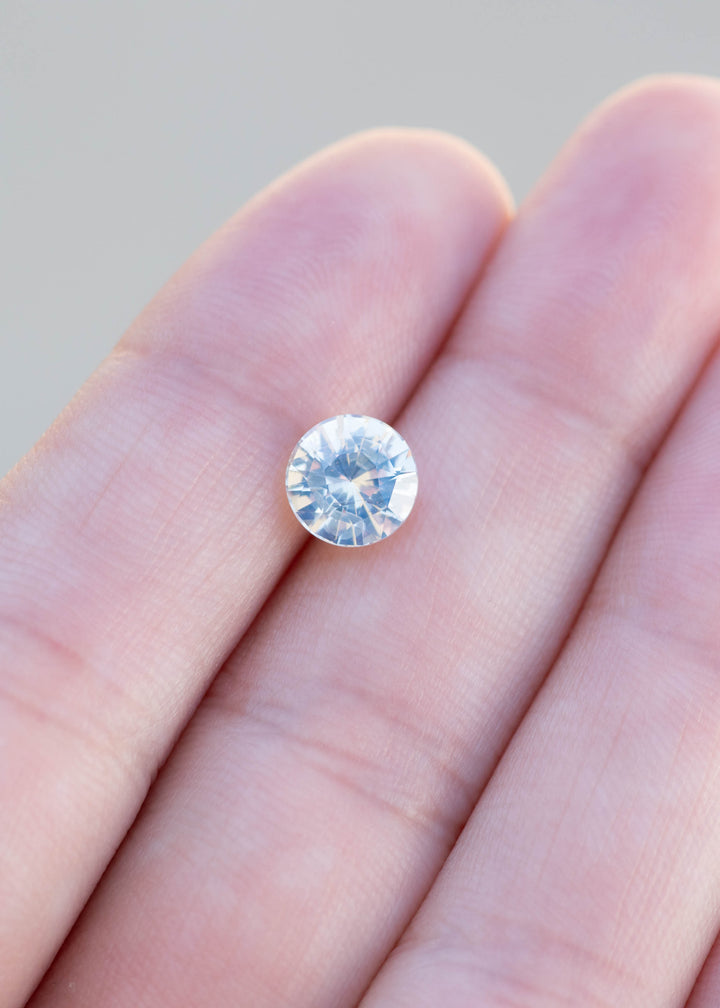 Natural round white opalescent sapphire resting on fingertips for scale.
