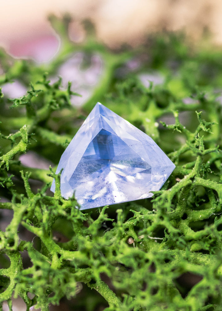 Loose opalescent blue sapphire from Madagascar shown on green moss displaying the custom geometric shield cut and soft glowing color.
