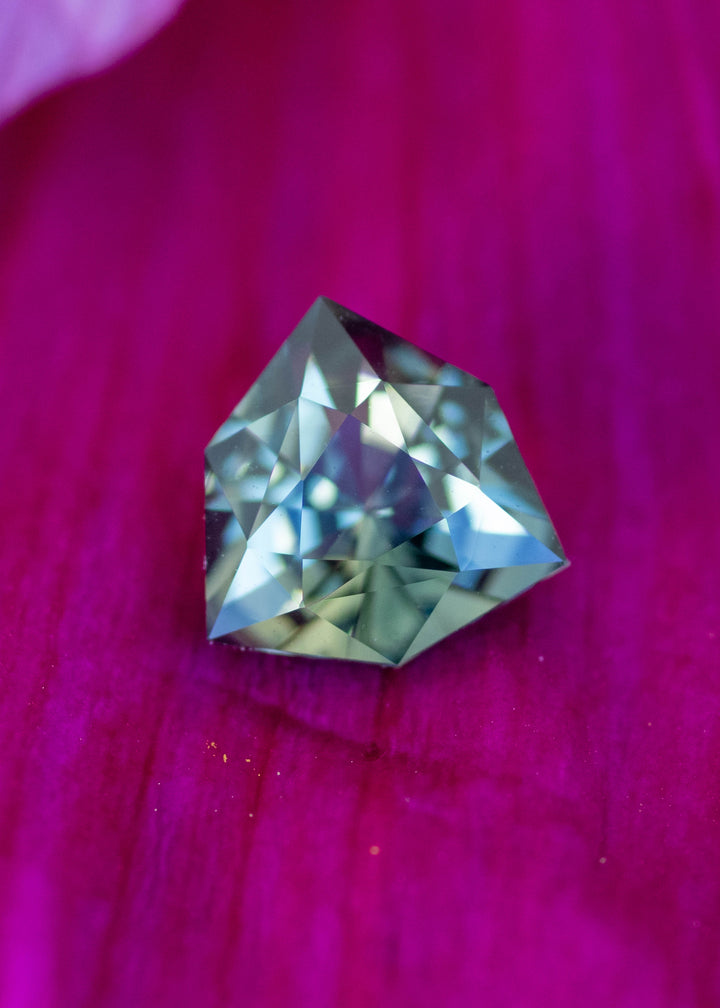 Loose 2.03 carat bluish teal green parti sapphire resting on flower petals showing geometric shield cut and vibrant Madagascar color.