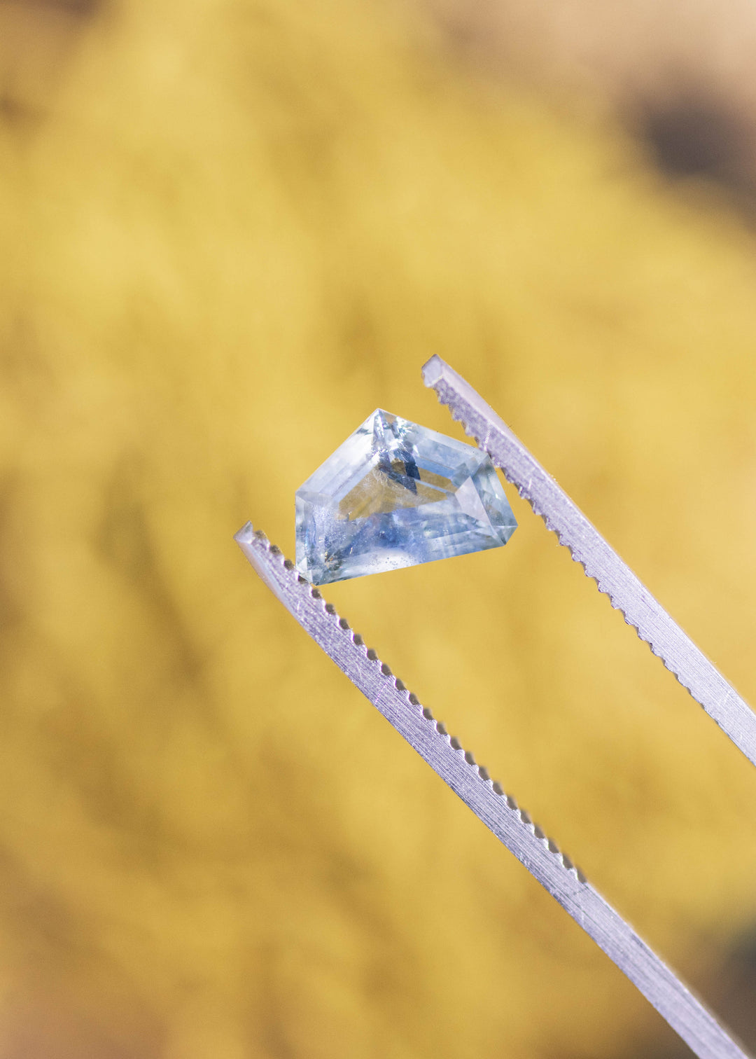 2.04ct light blue half moon sapphire held in silver gem tweezers, highlighting the curved outer edge, flat geometric crown facets, and internal feather-like inclusions under natural light.